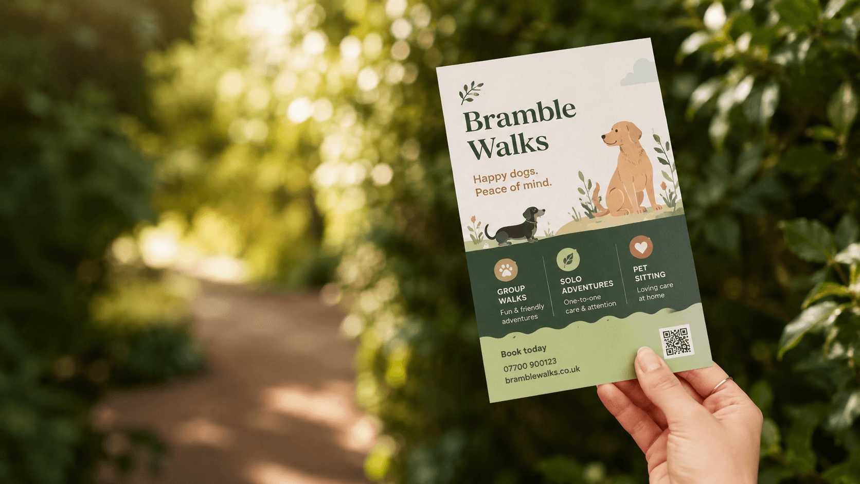 Printed flyer held outdoors with leafy green background