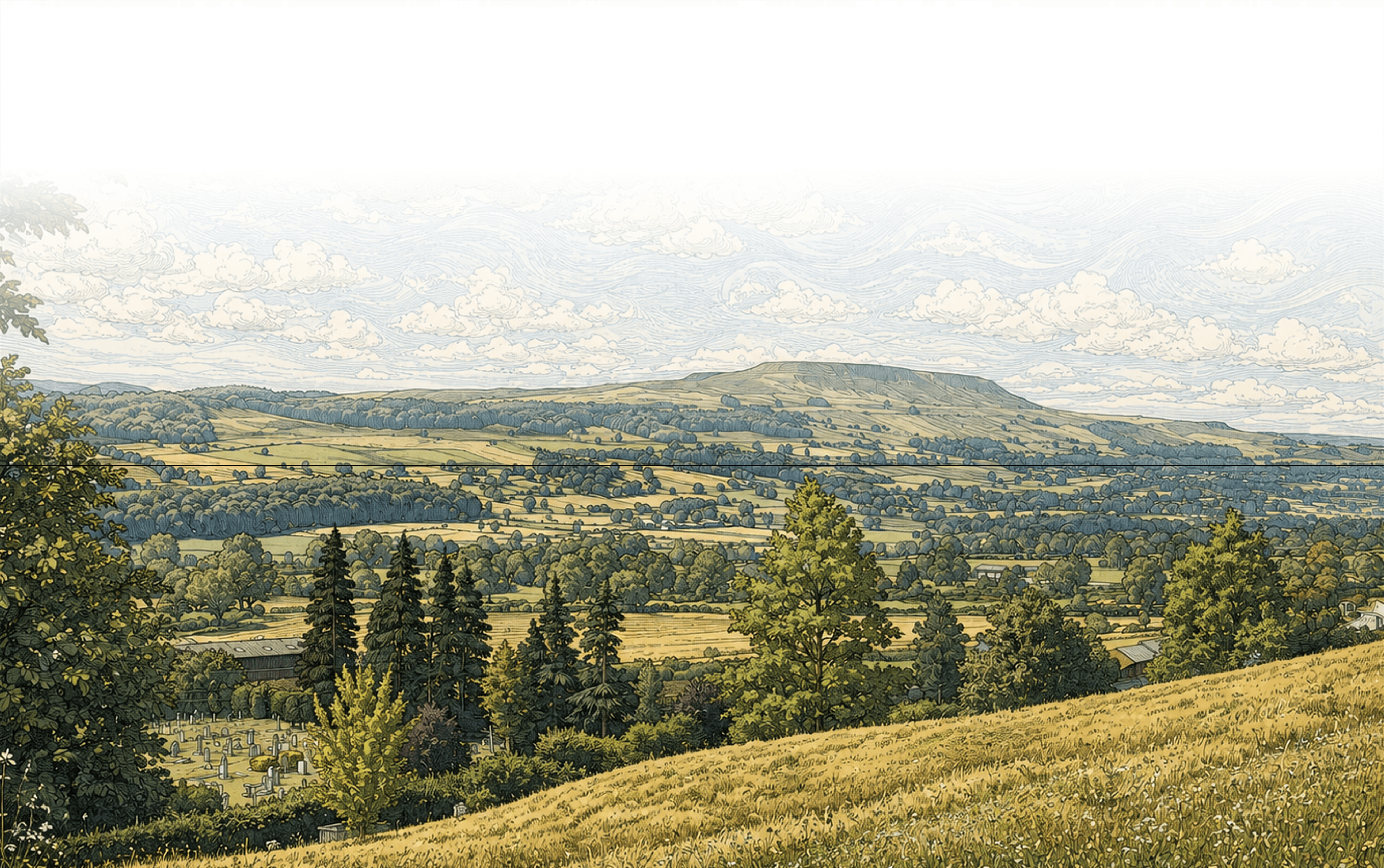 Yorkshire landscape panorama artwork stretching edge to edge above the site footer